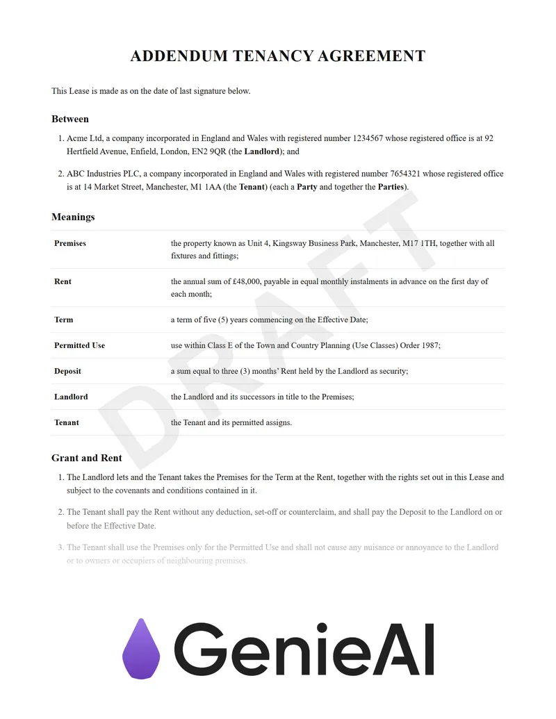Addendum Tenancy Agreement preview
