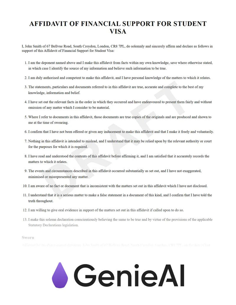 Affidavit Of Financial Support For Student Visa preview