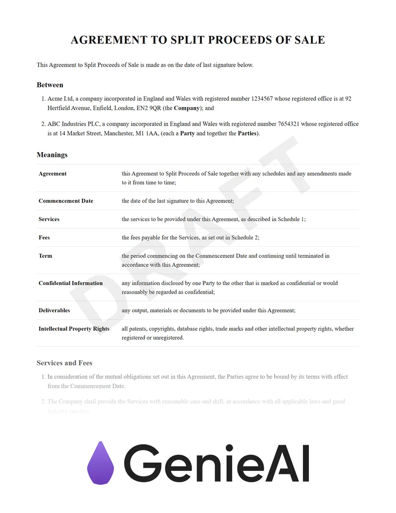Agreement To Split Proceeds Of Sale preview