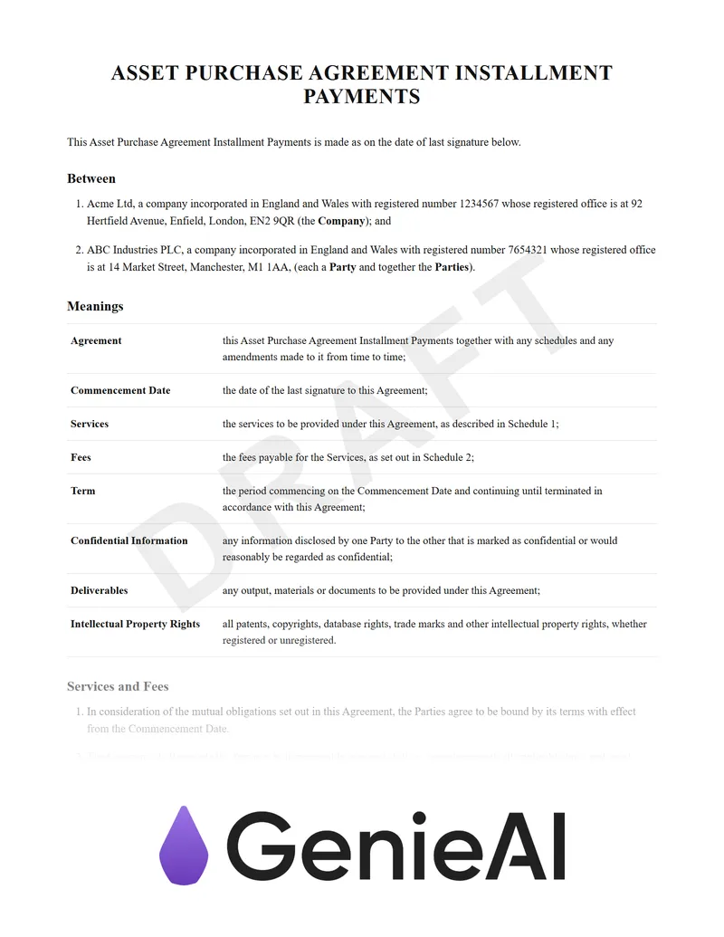 Asset Purchase Agreement Installment Payments preview