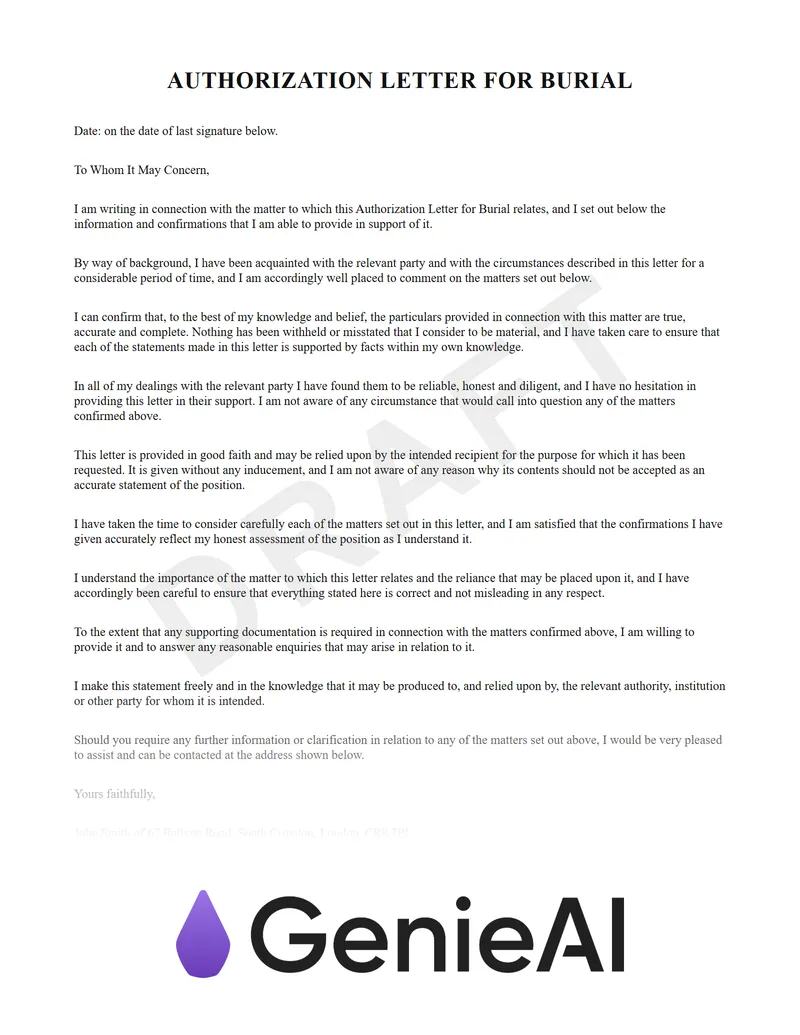 Authorization Letter For Burial preview