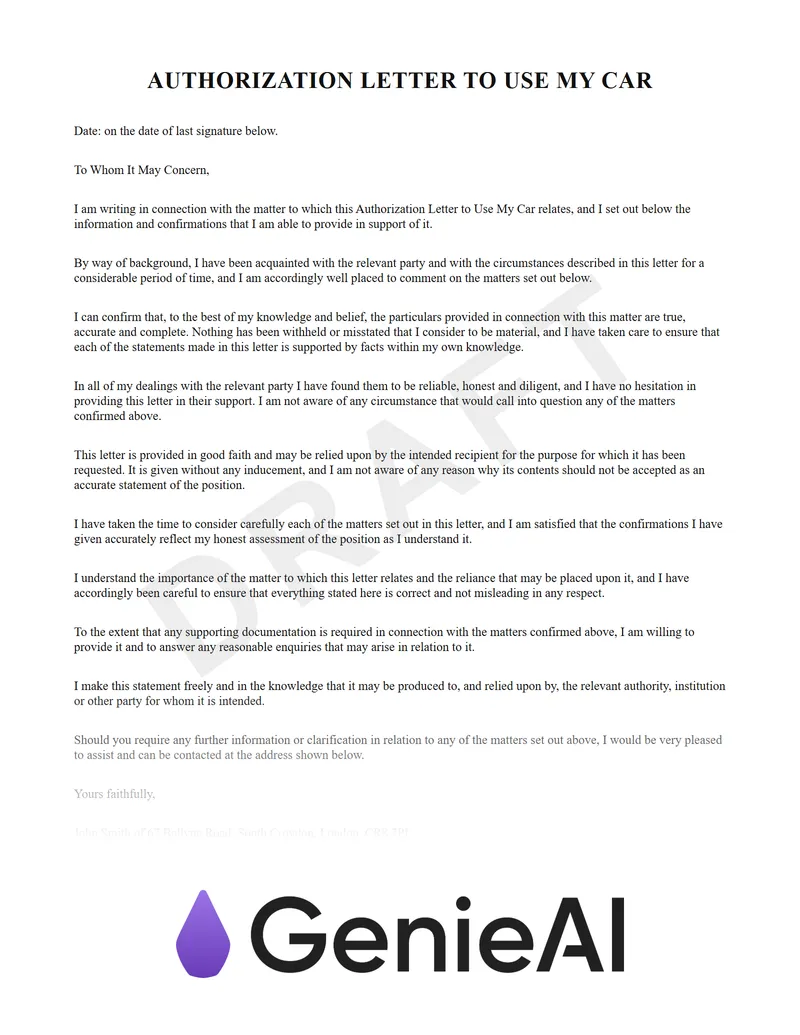 Authorization Letter To Use My Car preview