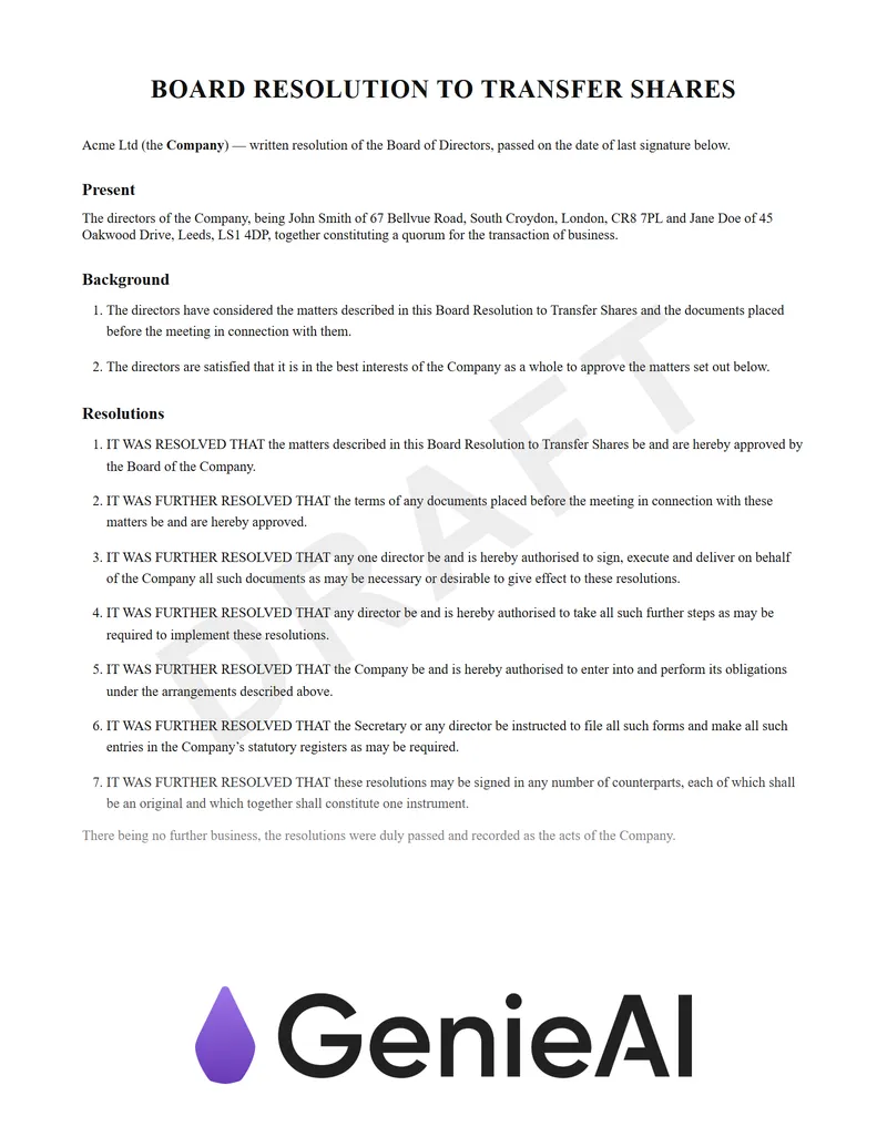 Board Resolution To Transfer Shares preview
