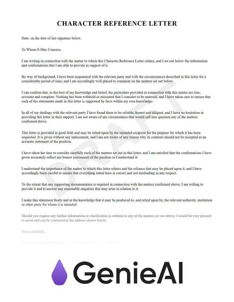 Character Reference Letter preview