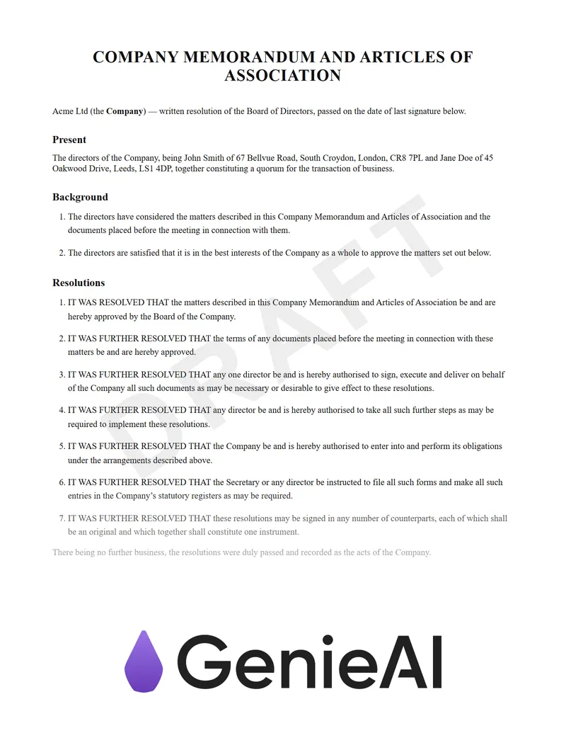 Company Memorandum And Articles Of Association preview
