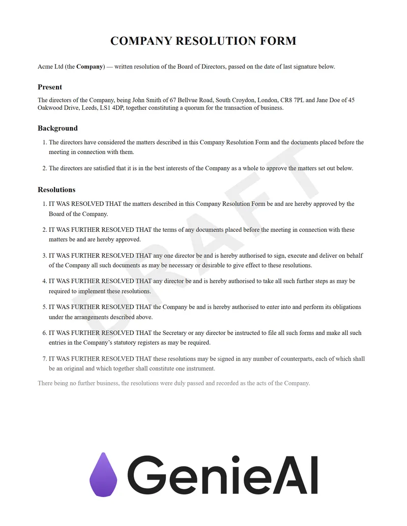 Company Resolution Form preview
