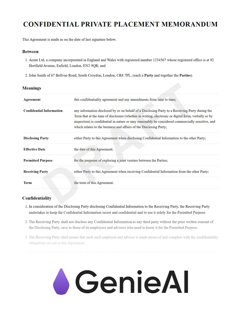 Confidential Private Placement Memorandum preview