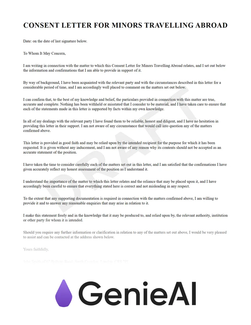 Consent Letter For Minors Travelling Abroad preview