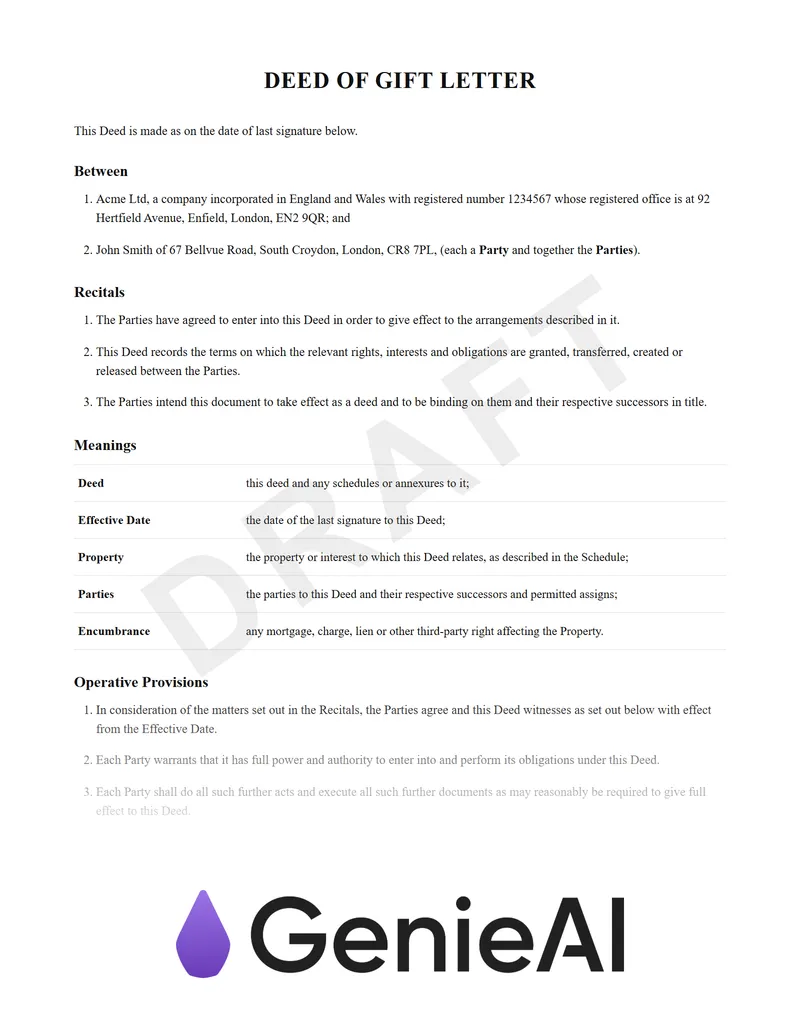 Deed Of Gift Letter preview