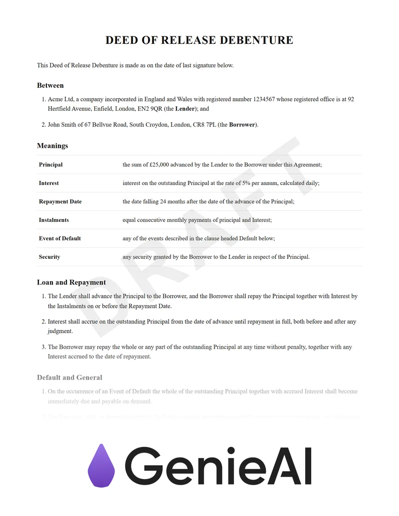 Deed Of Release Debenture preview