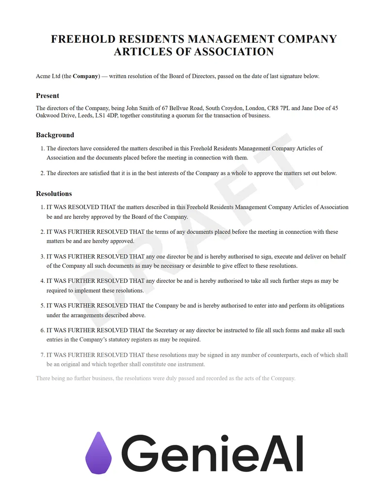 Freehold Residents Management Company Articles Of Association preview