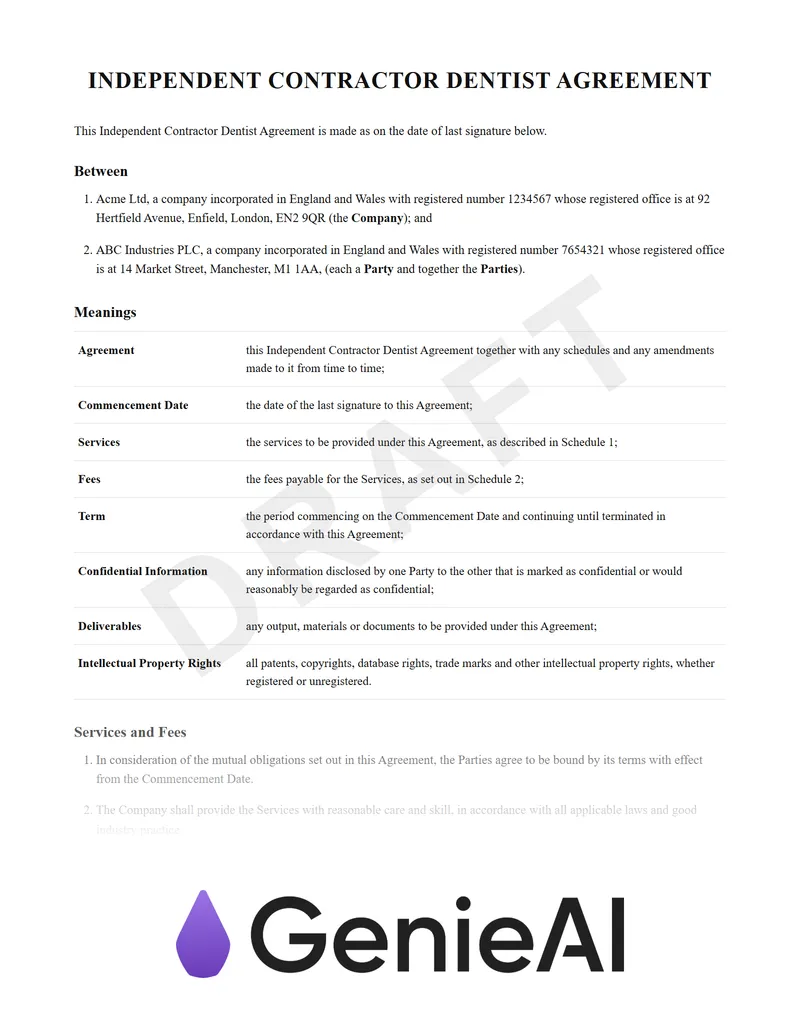 Independent Contractor Dentist Agreement preview