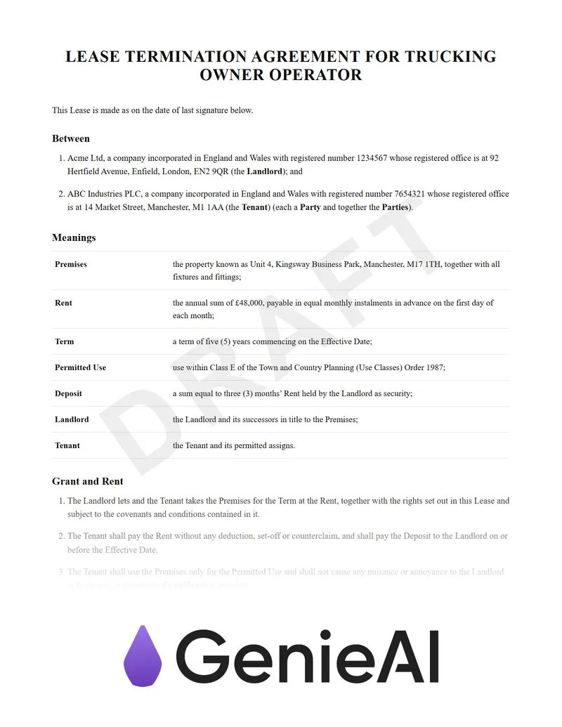 Lease Termination Agreement For Trucking Owner Operator preview