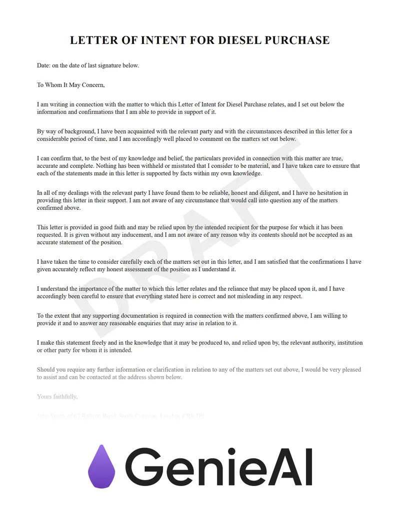 Letter Of Intent For Diesel Purchase preview