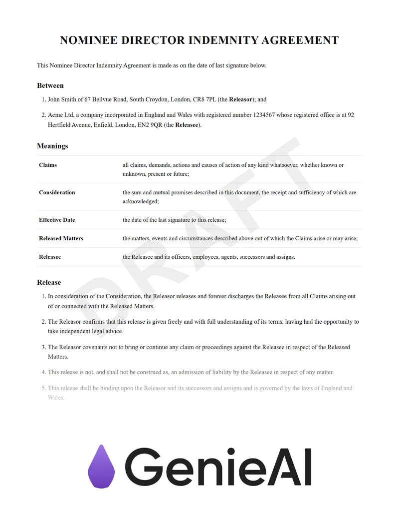 Nominee Director Indemnity Agreement preview
