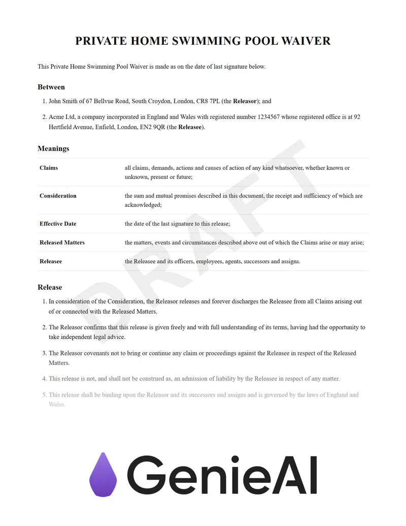 Private Home Swimming Pool Waiver preview