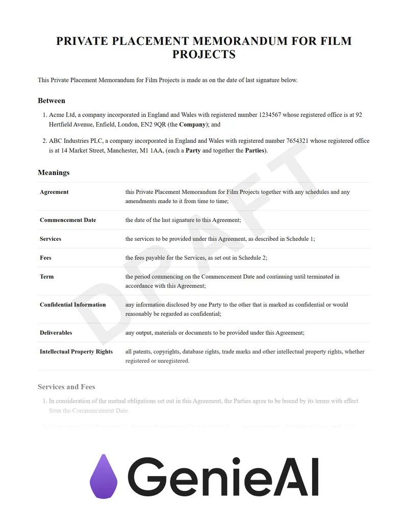 Private Placement Memorandum For Film Projects preview
