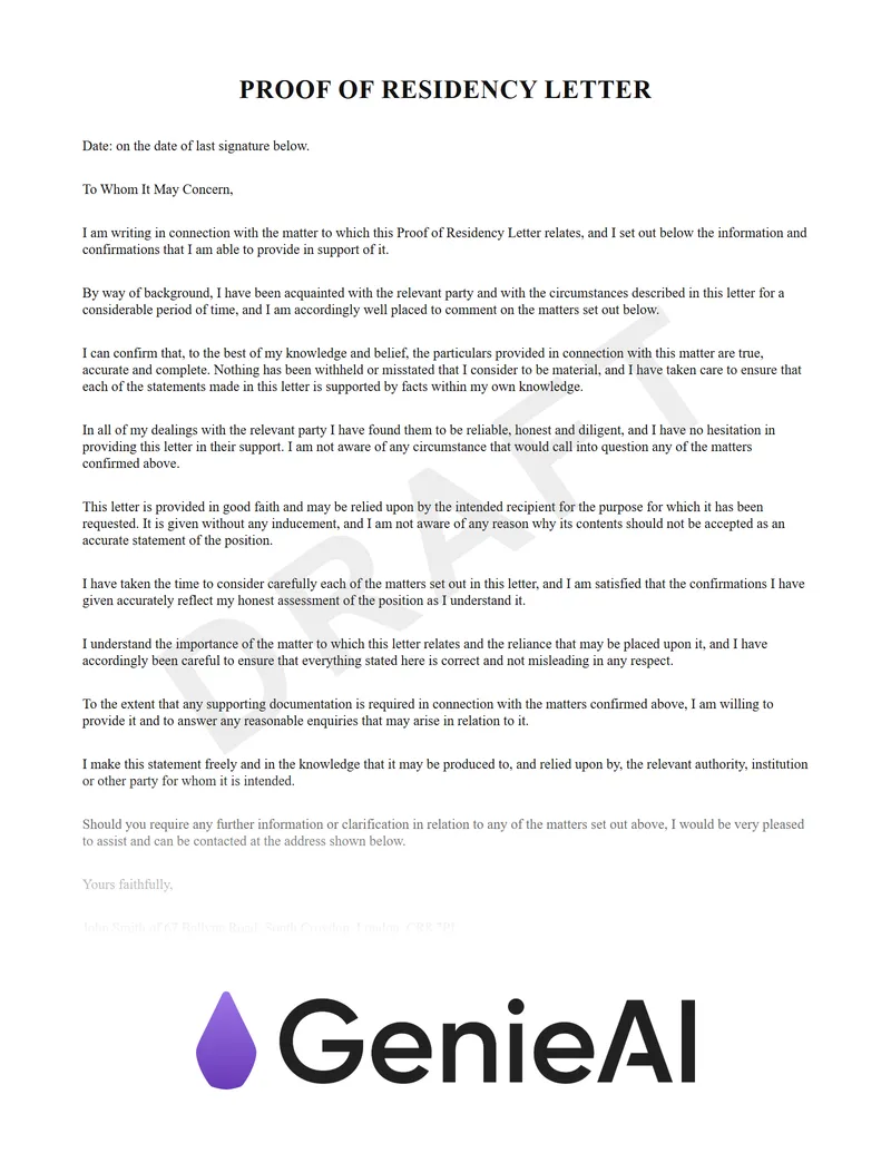 Proof Of Residency Letter preview