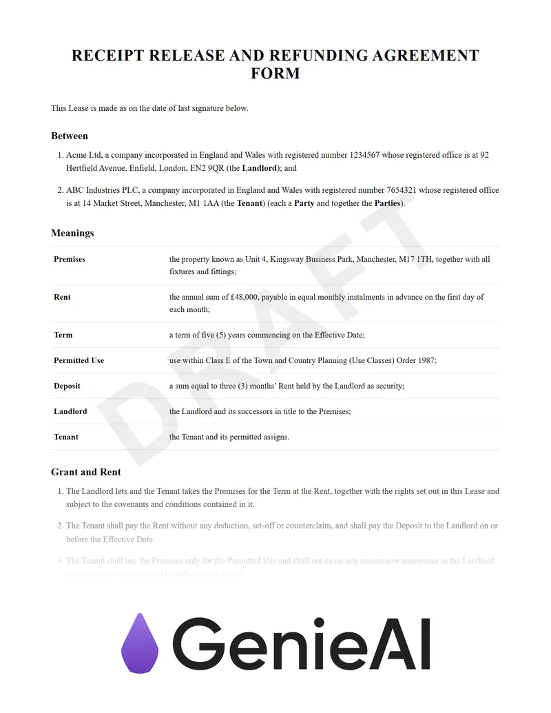 Receipt Release And Refunding Agreement Form preview