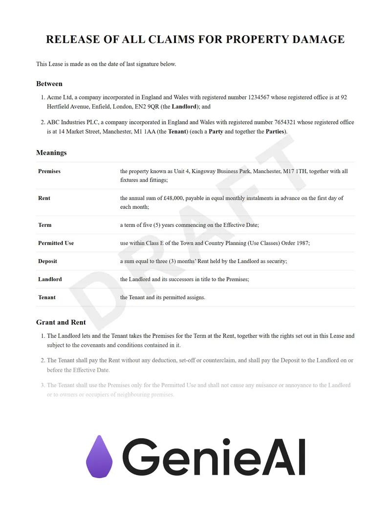 Release Of All Claims For Property Damage preview