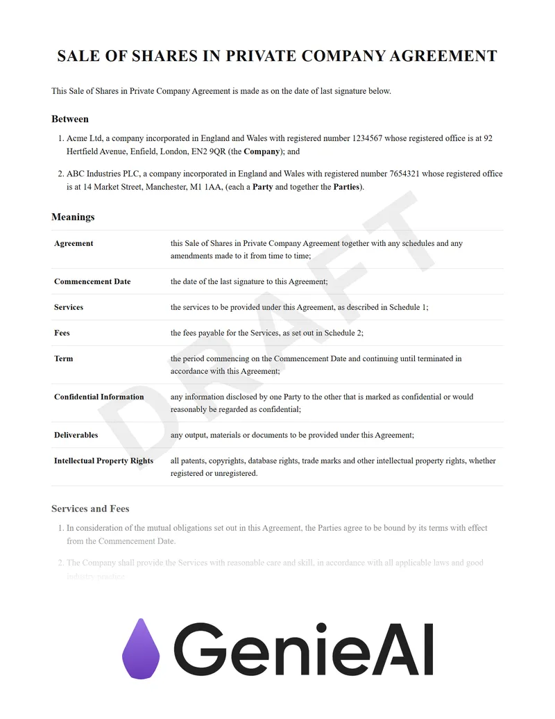 Sale Of Shares In Private Company Agreement preview