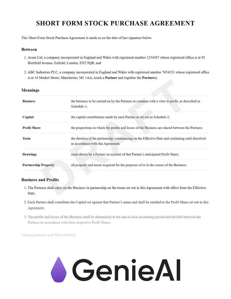 Short Form Stock Purchase Agreement preview