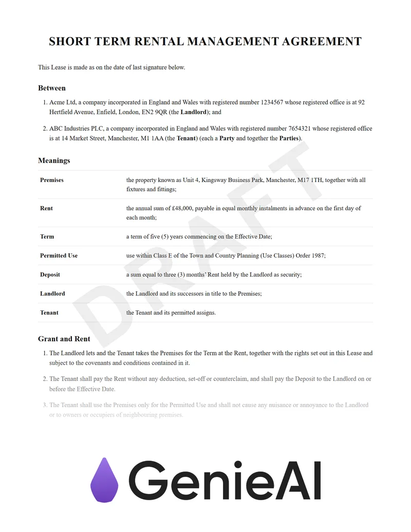 Short Term Rental Management Agreement preview