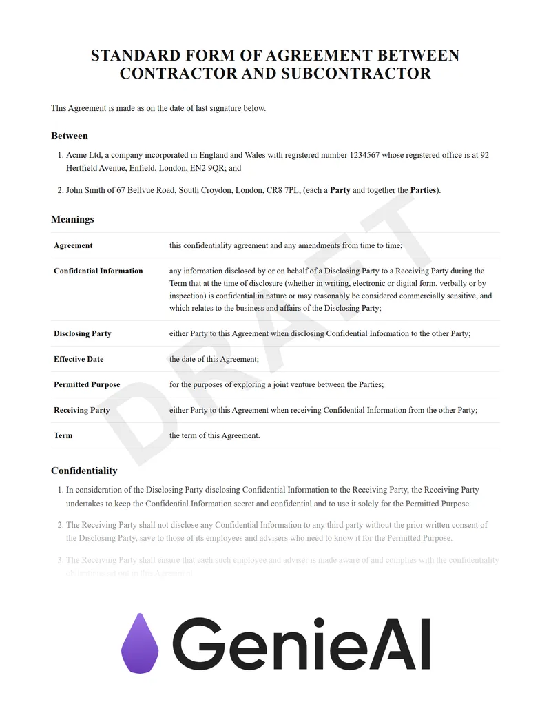 Standard Form Of Agreement Between Contractor And Subcontractor preview