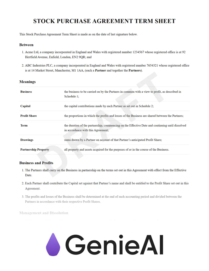 Stock Purchase Agreement Term Sheet preview