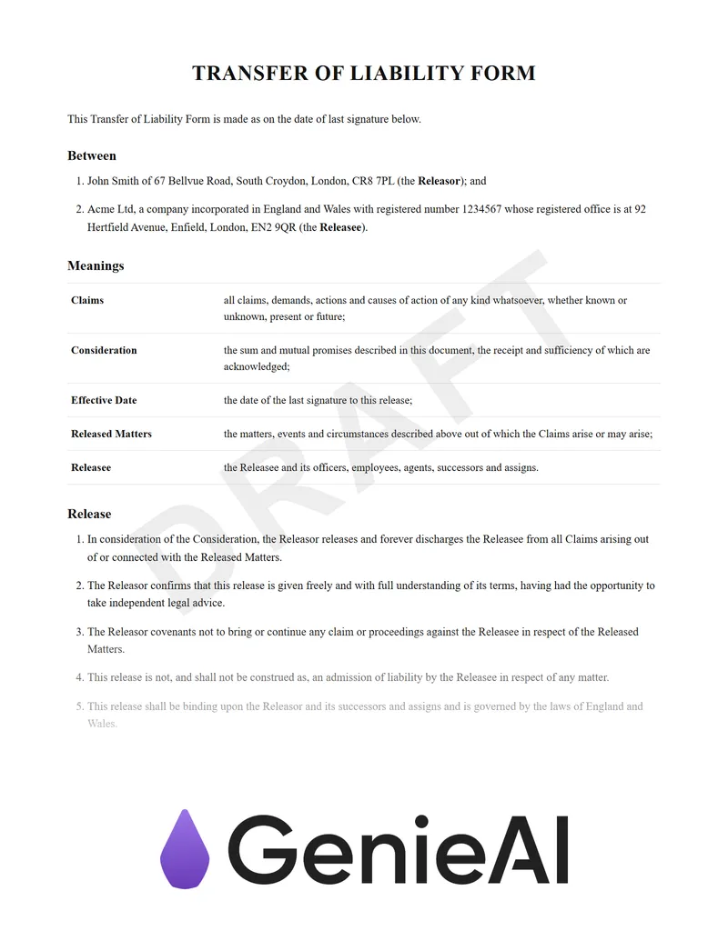Transfer Of Liability Form preview