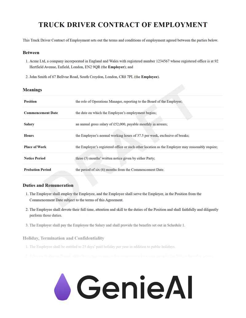 Truck Driver Contract Of Employment preview