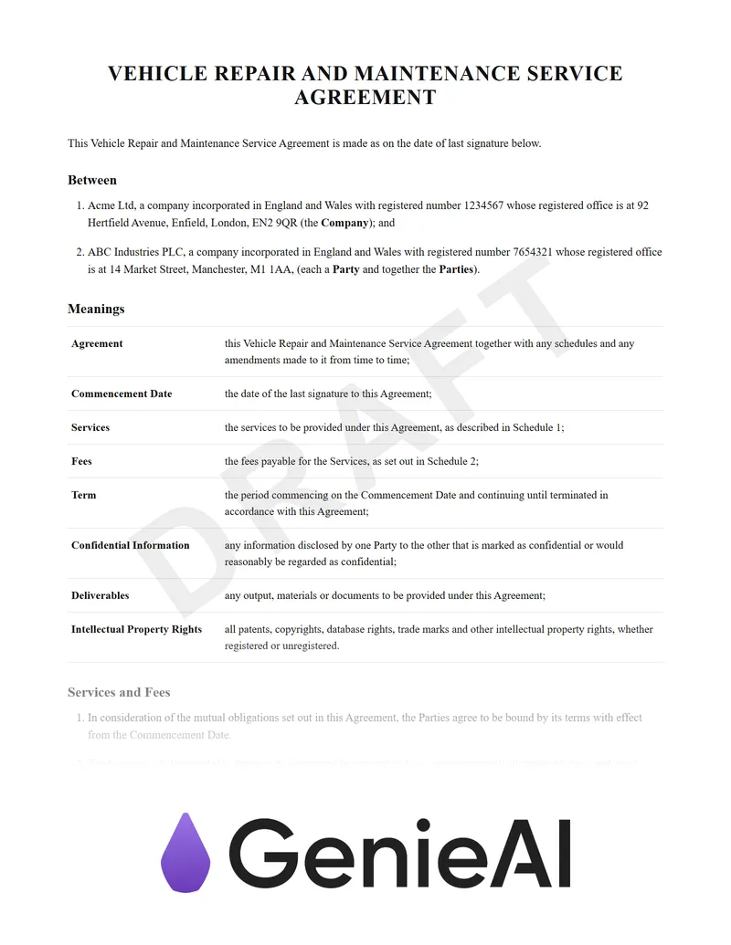 Vehicle Repair And Maintenance Service Agreement preview