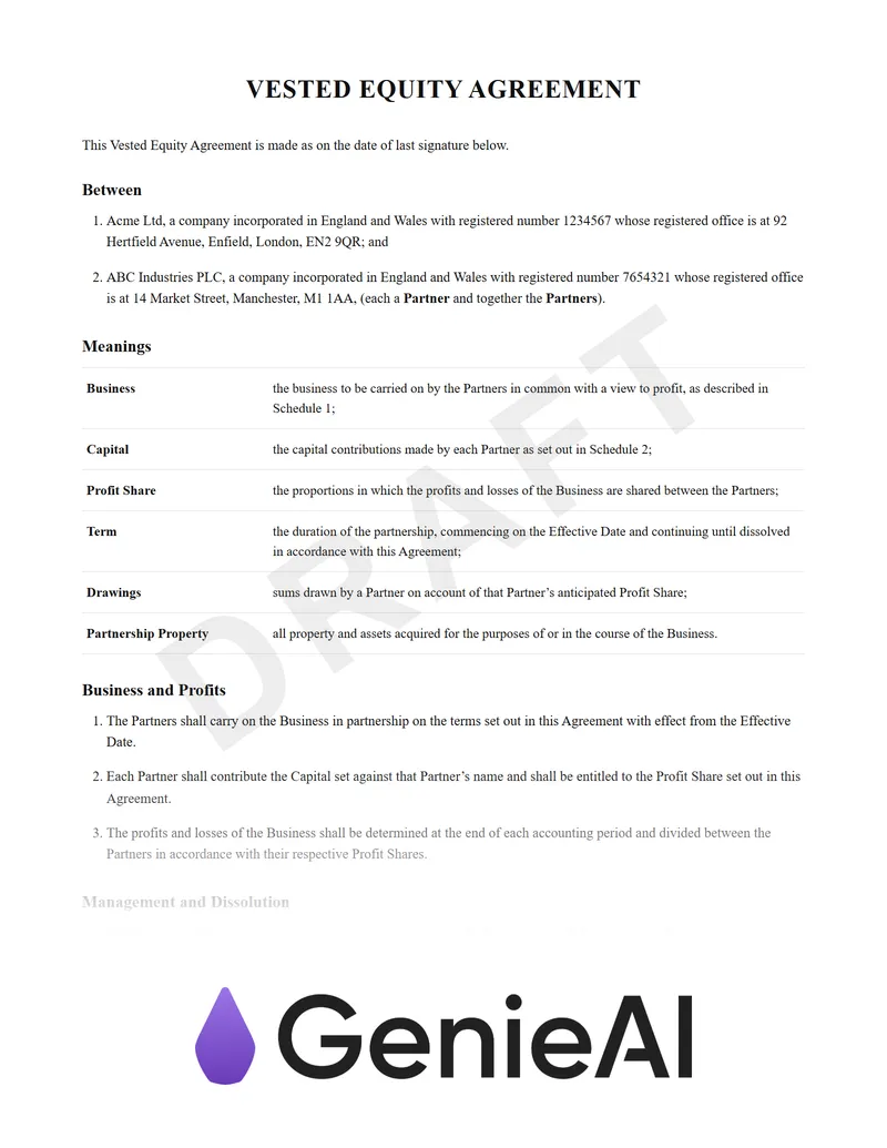 Vested Equity Agreement preview